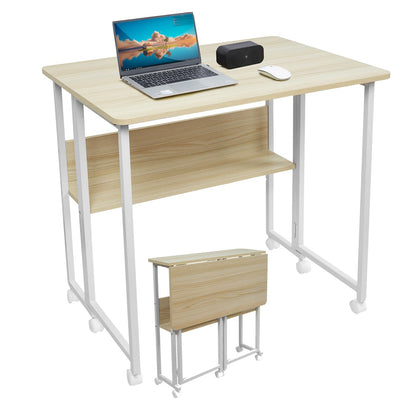 Fiutazge Folding Desk with Wheels, Small Folding Computer Table with Shelf, Folding Table for Home, Office, Industrial Design, Oak 80 x 58 x 75 cm