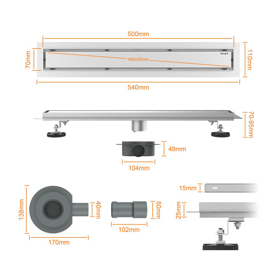 Ibergrif M42001-50 Linear Shower Drain 500mm, 2 in1 Double-sided Tile Insert Stainless Steel Invisible Bathroom Floor Drain Set with Odor Stop and