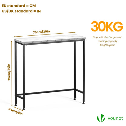 VOUNOT® Slim Console Table, Metal Frame Entryway Table, Small Sofa Side Table for Hallway, Living Room or Bedroom, 75x24x75 cm, White