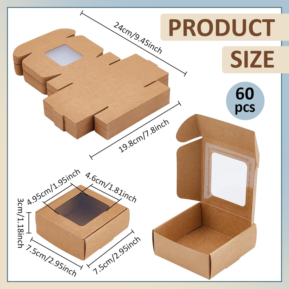 BENECREAT 60 Pack Square Clear Window Box, Brown Kraft Paper Container Party Favor Packaging Boxes