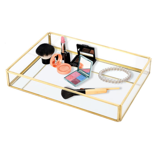 Gold Mirrored Tray, Vintage Metal Frame Storage Box, Jewelry Cosmetics Display Boxes for Vanity Dressing Table Bathroom Bedroom(S)
