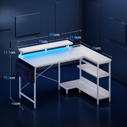 Coleshome L Shaped Gaming Desk with LED Lights & Power Outlet, 100x70 cm