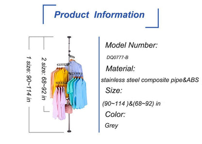 BAOYOUNI 4-Tier Standing Clothes Laundry Drying Rack Coat Hanger Organizer Floor to Ceiling Adjustable Metal Corner Tension Pole, Grey