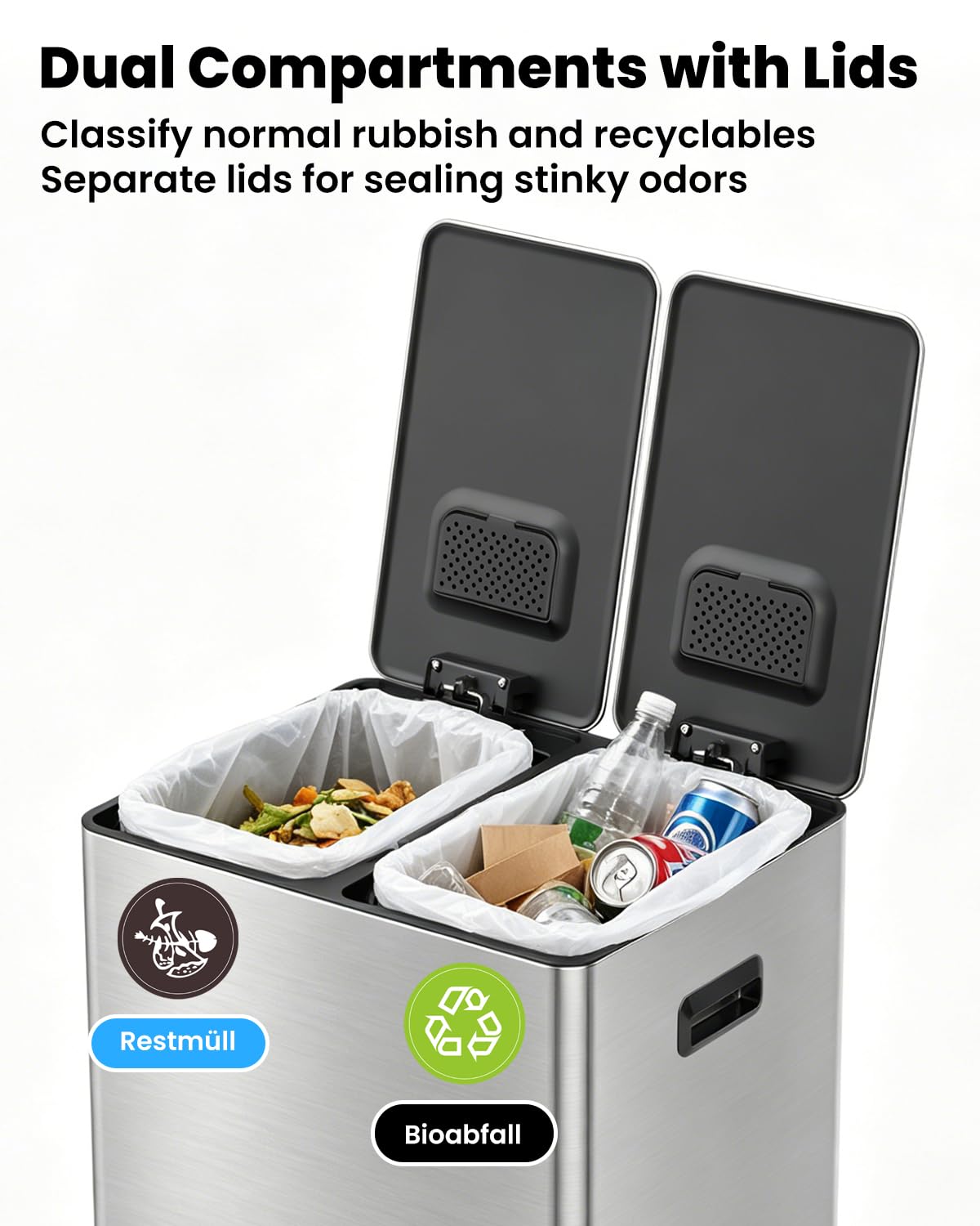 Kitchen Bin, 40L Double Bin, Tall Slim 2 x 20L Stainless Steel Pedal Bin, Dual Bin Rubbish Recycling with Soft-Close Lids and Plastic Inner Buckets
