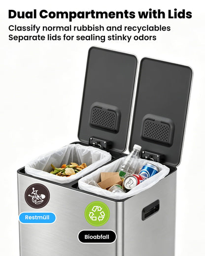 Kitchen Bin, 40L Double Bin, Tall Slim 2 x 20L Stainless Steel Pedal Bin, Dual Bin Rubbish Recycling with Soft-Close Lids and Plastic Inner Buckets
