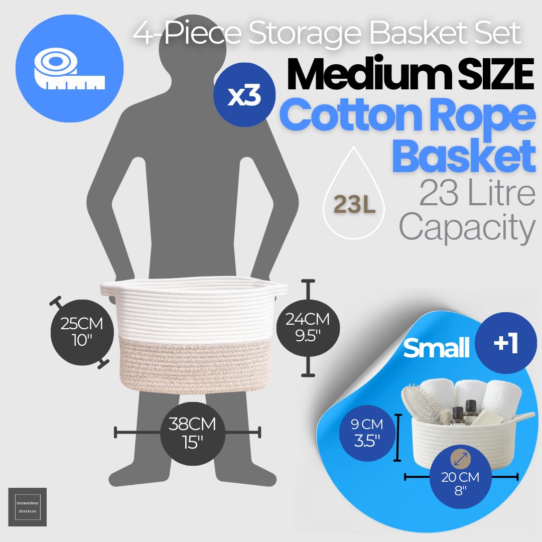 4pcs Cotton Rope Storage Basket – 3 Medium + 1 Small Woven Baskets with Handles for Living Room, Bedroom, Bathroom & Nursery – White & Beige