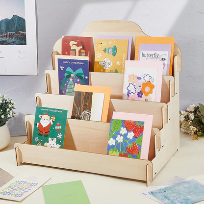DICOSMETIC 4-Tier Greeting Card Display Stand Wood Sticker Rack Portable Birthday Card Display Wooden Sticker Holder Organizer for Home Retail