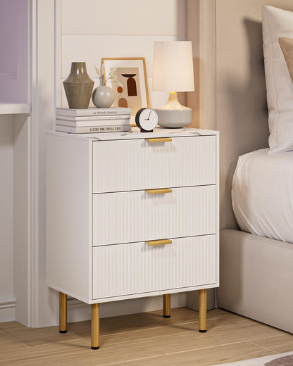 Apetaccat Bedside Table with 3 Drawers, Modern Bedside Cabniet with Metal Legs, Fluted Nightstand, Side Table for Bedroom, Living Room, Office, White