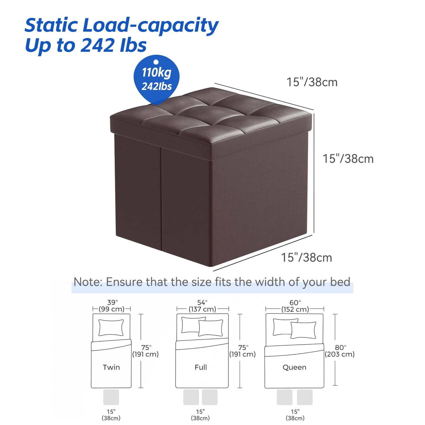 BRIAN & DANY Folding Storage Ottoman, Faux Leather Cube Foot Rest Stool with Cover, Storage Chest with Highly Elastic Sponge Filling, Brown