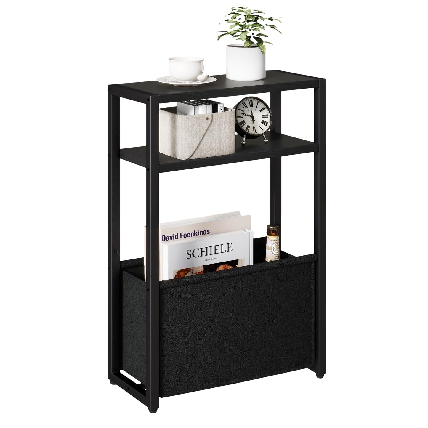 IBUYKE Narrow Side Table,Slim End Table with Fabric Basket,Black TMZ009B