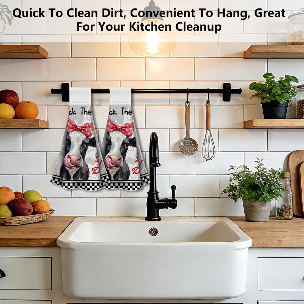 WADORN 2Pcs Funny Cow Kitchen Towels with Hanging Loop, Soft Absorbent Farm Cow I'll Lick The Dishes Hand Towels Spring Summer Dish Cloths for