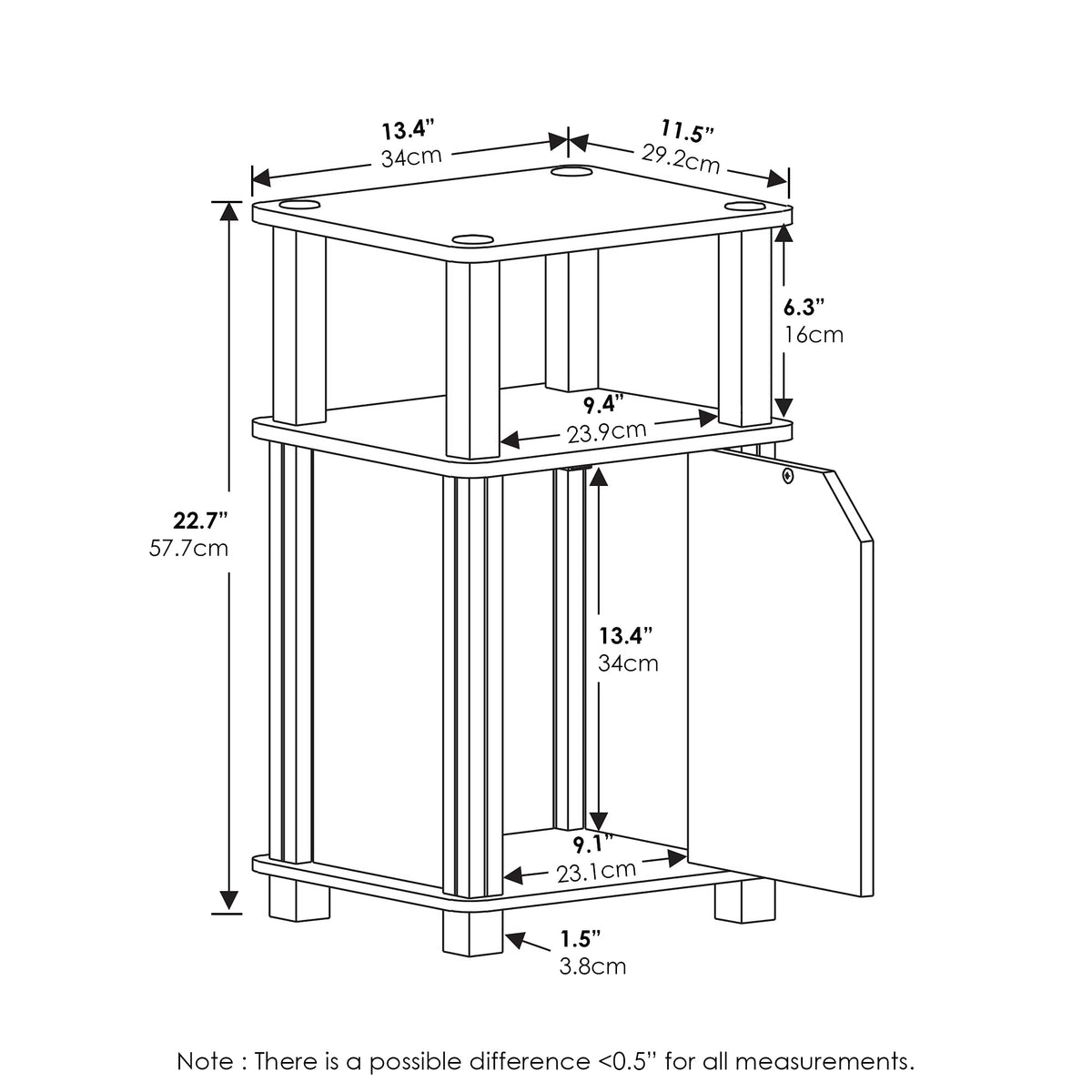 Furinno JUST Side Table, 3-Tier End Table with Door Cabinet, Night Stand, Bedside Table with Open Shelf, for Living Room, Bedroom, Espresso