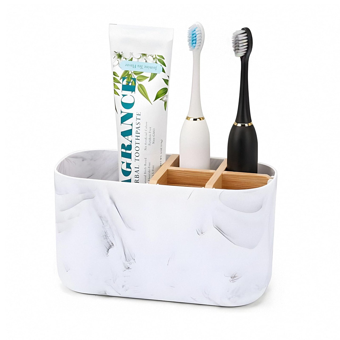 Foyscr Bathroom Bamboo Toothbrush & Toothpaste Holder White - 5-Slot Storage Organizer Caddy, Ideal for Electric Toothbrushes, Kids & Family Use