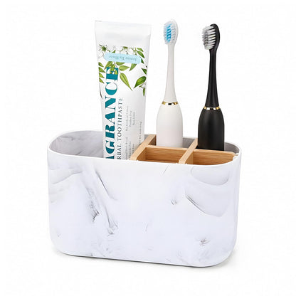 Foyscr Bathroom Bamboo Toothbrush & Toothpaste Holder White - 5-Slot Storage Organizer Caddy, Ideal for Electric Toothbrushes, Kids & Family Use