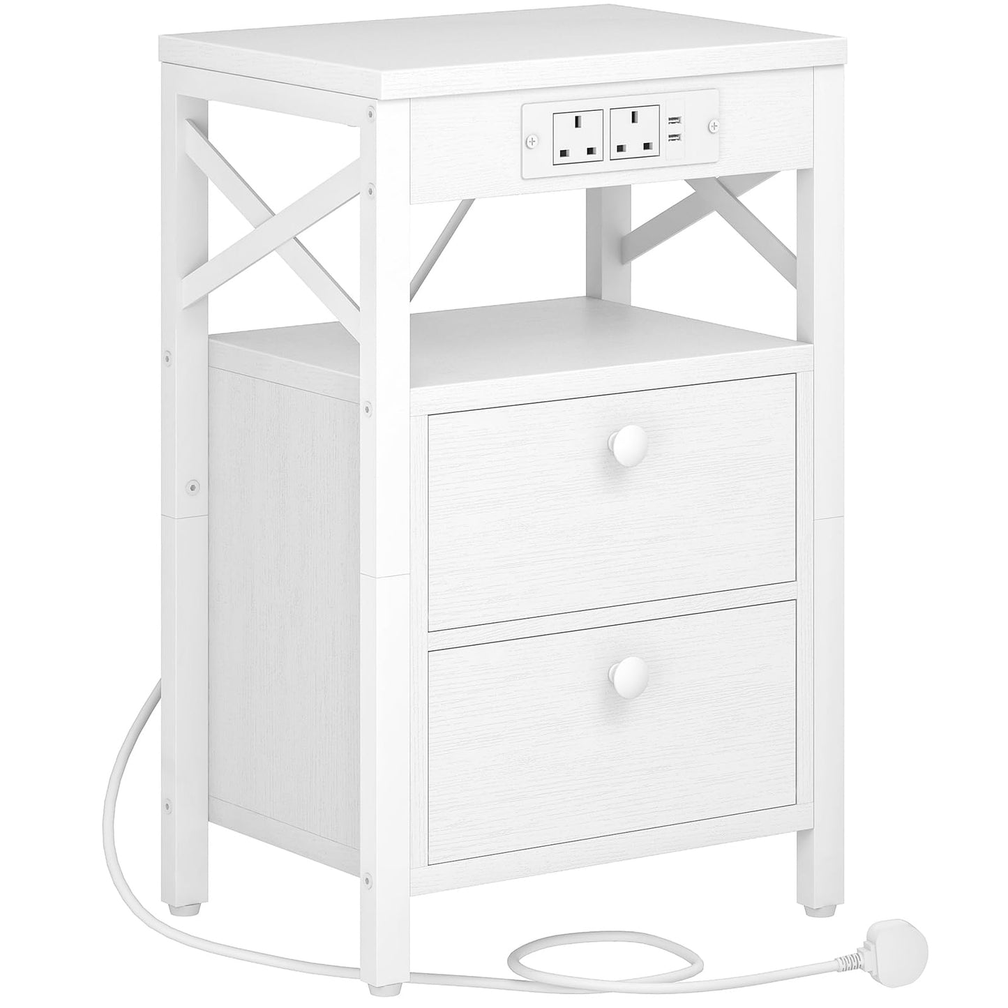 HOOBRO Wooden Bedside Table with Charging Station, X-shaped Side Table with 2 Wooden Drawers, Nightstand with 2 USB Ports and 2 AC Outlets, 38 x 28 x