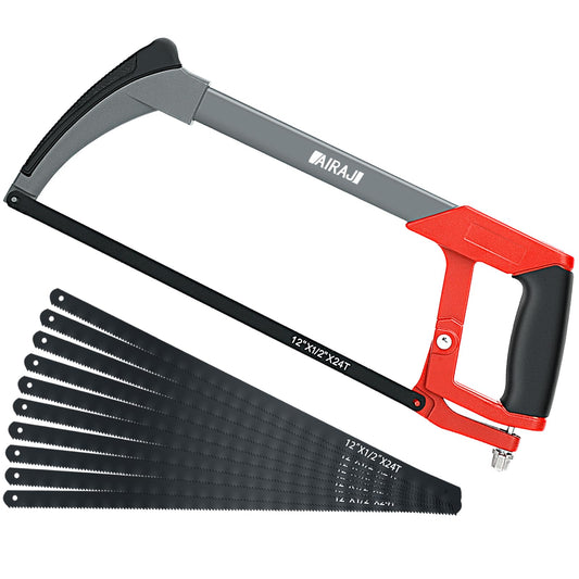 AIRAJ Hacksaw Frame 300MM,Hand Hacksaws with 10 Spare Blades,Professional High-Tension Hacksaw for Metal,Wood,Steel,PVC Pipe,Frozen Meat,45?&90? Two