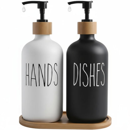 kitchen Soap Dispenser Set, washing up liquid dispenser,Glass Bottle Jar with Bamboo Tray,suitable for Bathroom, Kitchen, Laundry Room