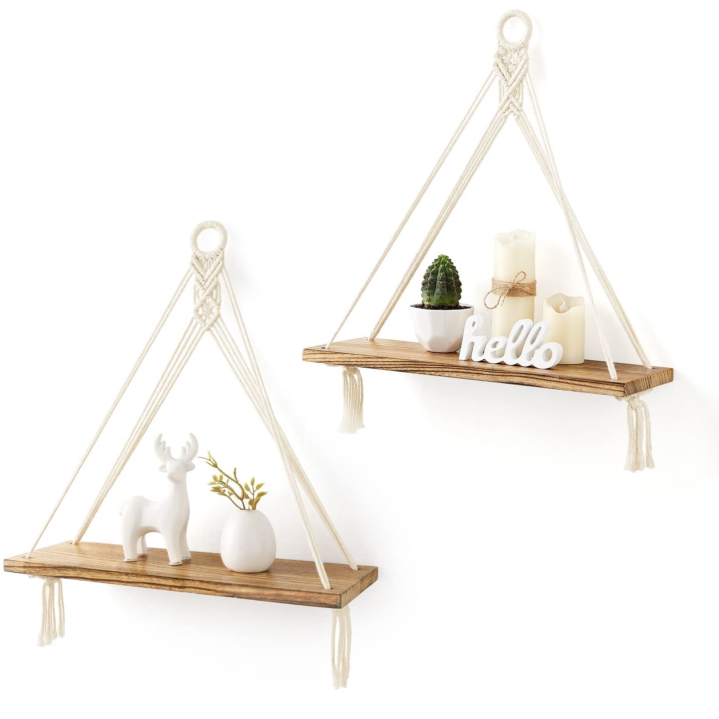 Mkono Macrame Hanging Shelves Boho Wall Decor Set of 2 Rustic Wood Floating Storage Shelf for Bedroom Bathroom Living Room Nursery Dorm Room