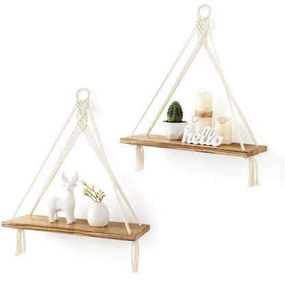 Mkono Macrame Hanging Shelves Boho Wall Decor Set of 2 Rustic Wood Floating Storage Shelf for Bedroom Bathroom Living Room Nursery Dorm Room