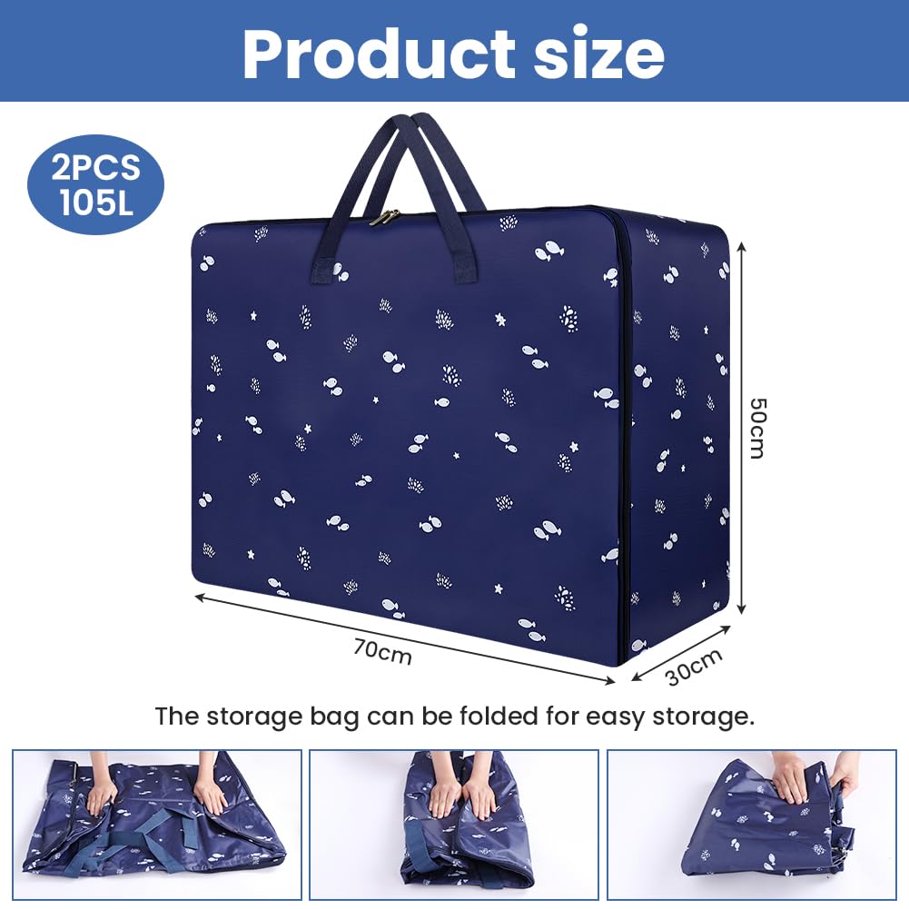 HOTUT 2 Pcs 105L Large Storage Bag,Extra Large Moving Bags Heavy Duty,with Zipper Handles,Strong Packing Boxes,with Strong Oxford Cloth,for Clothes