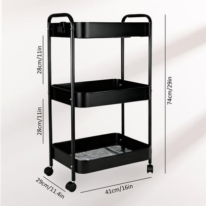 3 Tier Metal Storage Trolley on Wheels Kitchen Trolleys Utility Rolling Cart with Handle,Mesh Storage Cart Bathroom Cart Veg Rack and Multi-Purpose