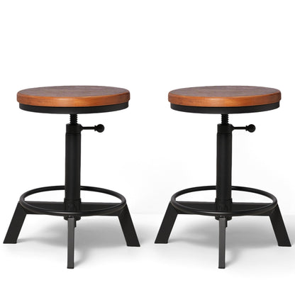 BOKKOLIK Set of 2-Industrial Bar Stool-Counter Height Chairs- Swivel Wooden Seat- Adjustable 17.7-24inch
