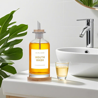 ZhouZGlass 12OZ/350ML Mouthwash Dispenser, Glass Mouthwash Decanter for Bathroom with Stainless Steel & Bamboo Nozzle, Reusable Mouthwash Cup