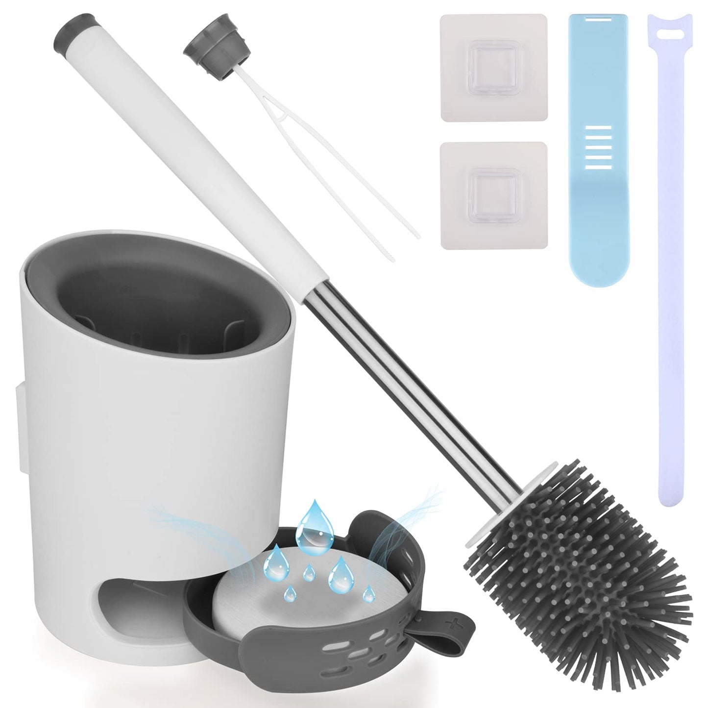 Toilet Brush and Holder Set Silicone Eco Toilet Bowl Scrubber Cleaner with Replaceable Bristle Head Aluminum Handle Removable Drawer Diatom Mud Pad