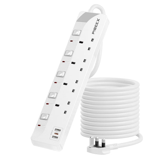 5M Extension Lead with PD 20W USB C, 4 Way Multi Plug Extension Cable with 3 USB Ports, 13A Fused UK Plug, Long Power Cord with Fast Charging USB C,