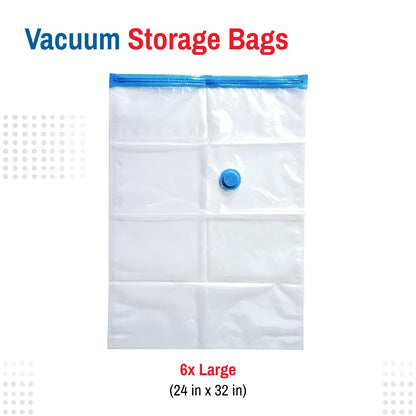 Set of 6 - Large Vacuum Storage Bags for Clothes and Bedding - SpaceSaver Compression Seal Bags with Pump - Travel and Closet Organizer Solution