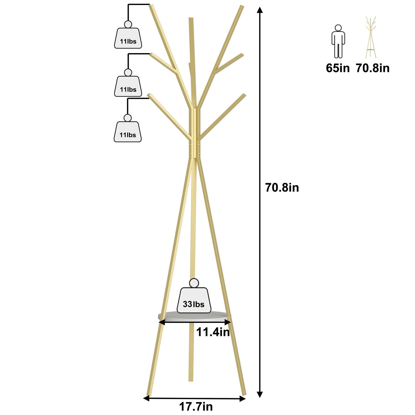HOME BI Coat Rack Stand, Entryway Standing Coat Tree,Hat Stand Coat Hanger with 9 Hooks for Holding Jacket, Handbag, Clothes, Hats, and Scarves, Gold