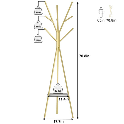 HOME BI Coat Rack Stand, Entryway Standing Coat Tree,Hat Stand Coat Hanger with 9 Hooks for Holding Jacket, Handbag, Clothes, Hats, and Scarves, Gold