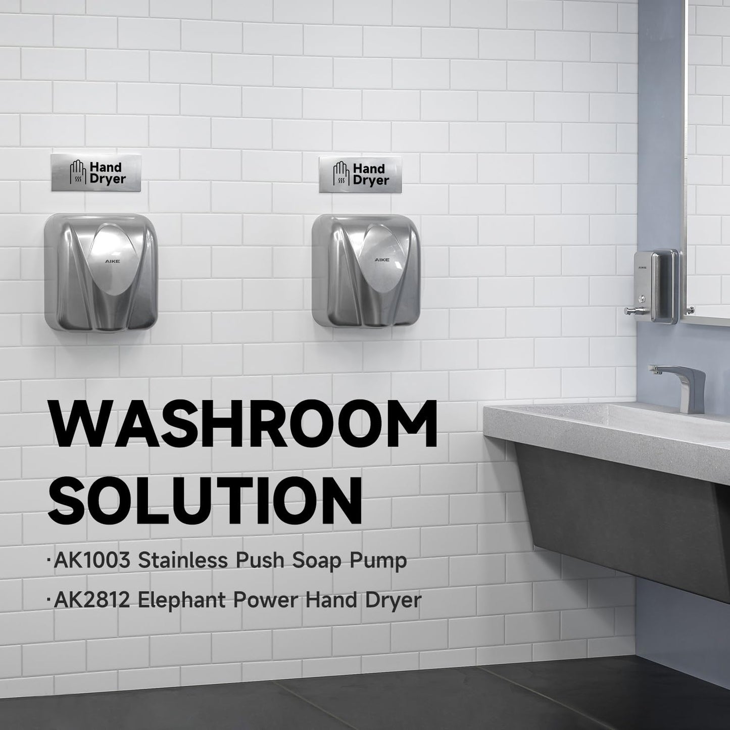 AIKE Elephant Commercial Hand Dryer, Durable Stainless Steel, 220V AK2812