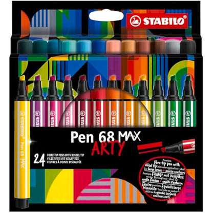 STABILO Pen 68 MAX - Premium Fibre-Tip Pen with Chisel Tip - ARTY - Pack of 24 - Assorted Colours