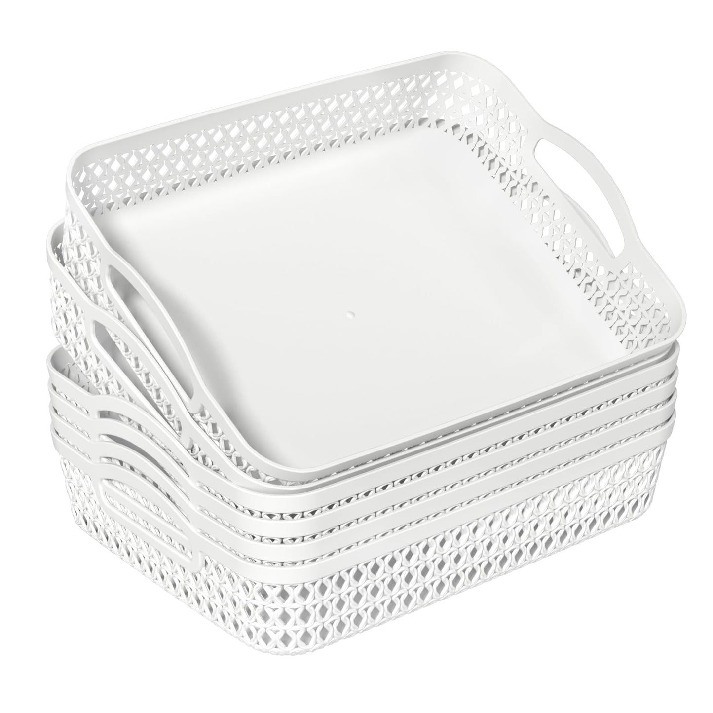 Tyminin 6-Pack Large Storage Basket Tray with Handle, Plastic Desktop Storage Basket Tray, White