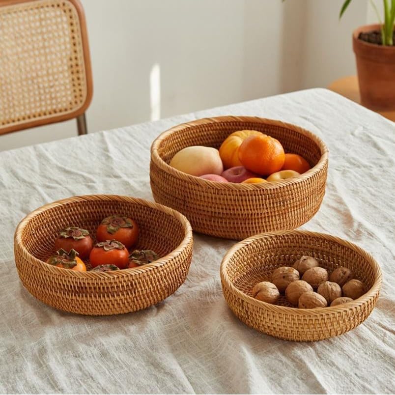 Rattan Bread Basket, Hand Woven Fruit Basket, Wicker Serving Basket Bowl, Decorative Baskets for Kitchen Counter Organizing, Set of 3 (Round)