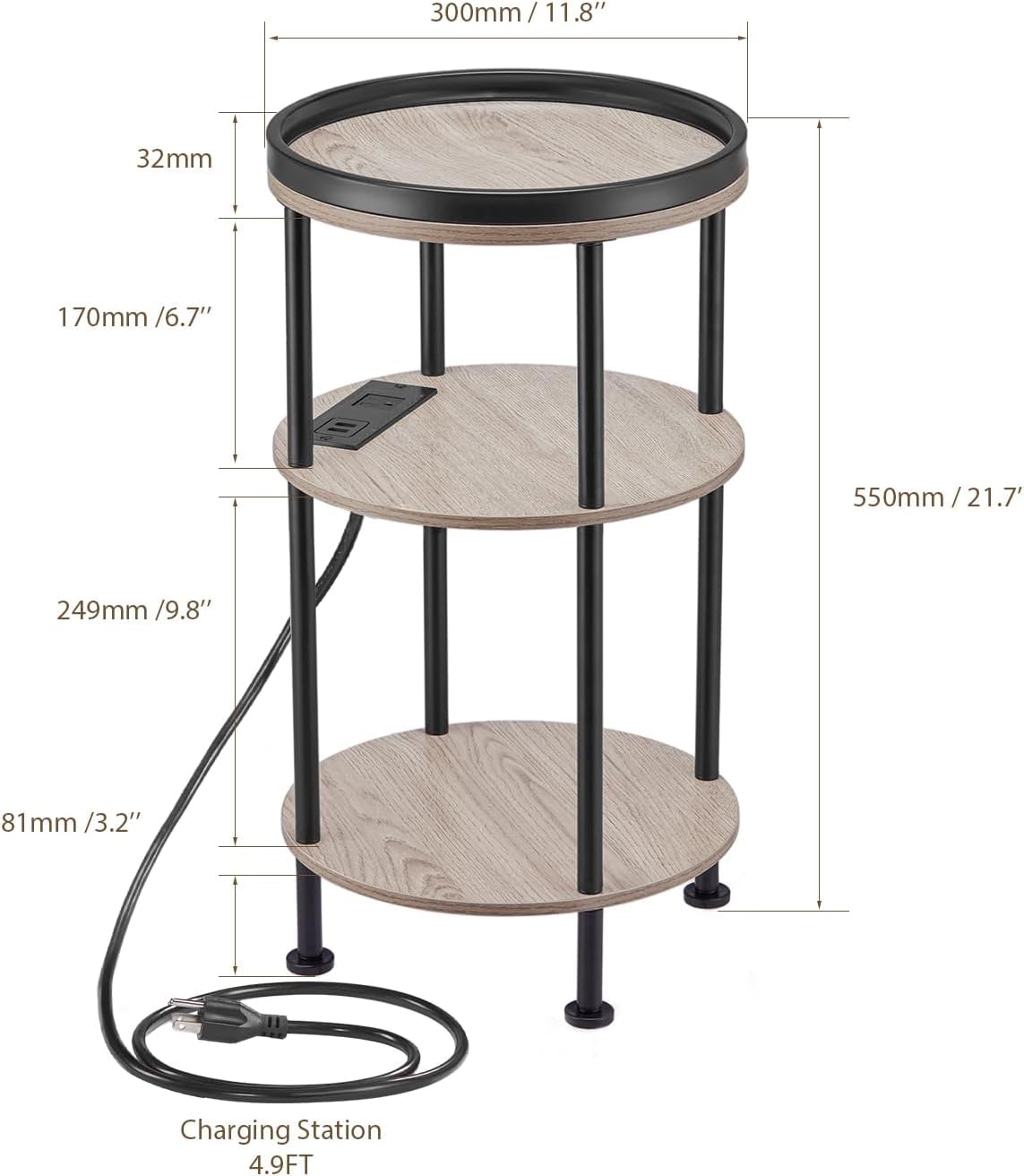 YEAKOO Nordic End Table, 3-Tier 30cm Round Side Table with Storage Shelf Edge Protection Tray