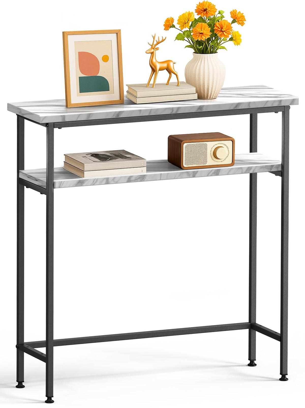 VOUNOT® Narrow Console Table, 2- Tier Slim Metal Frame Entryway Table, Small Sofa Side Table with Storage Shelf for Hallway, Living Room or Bedroom