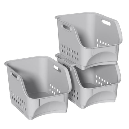 Vareone 3 Pack Open Front Storage Baskets, Plastic Kitchen Stacking Baskets for Organizing Fruits Vegetables Condiments, Gray
