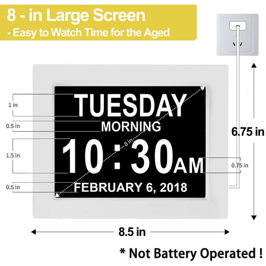 Yuanzeco Alarm Clock With Day And Date For Elderly 3Displays Digital Calendar Day Clock Photo Frame- Auto Dimmable Display 15 Alarm Options, Day Clock