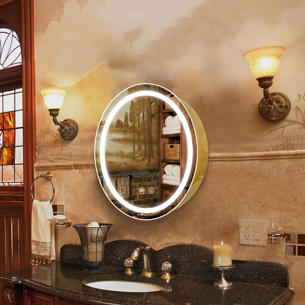 Janboe 51cm Round Mirror Cabinet with Lights,with Defogger,Dimmable,Anti-Fog,3 Colors,Gold