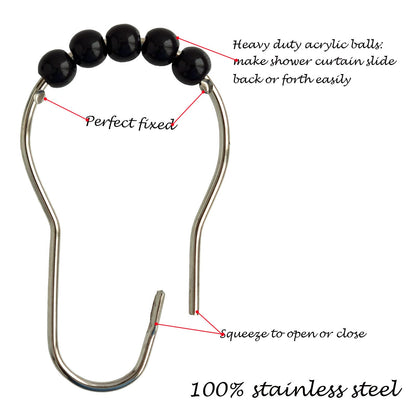 Shower Curtain Hooks Rings Stainless Steel Shower Hooks Black Acrylic roller Balls Rustproof Heavy Duty for Bathroom Curtain(Black)