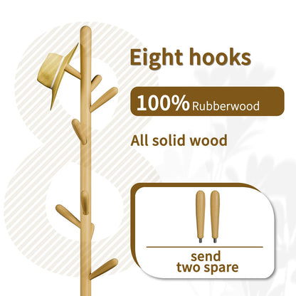Solid Wood Square Base Coat Rack, Free Standing Hall Coat Tree with 8 Hooks（+2 spare) for Coats, Hats, Bags, Purses, for Entryway, Hallway