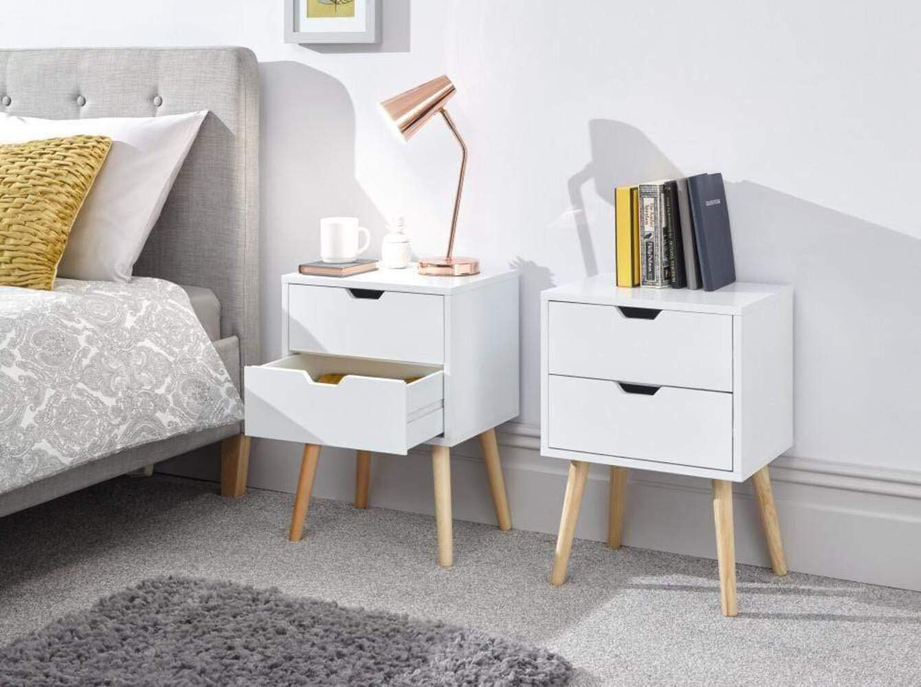 GFW Nyborg Set of 2 Bedside Cabinets, Dark Grey 2 Drawer Scandi Nightstands with Wooden Legs and Cut-Out Handles