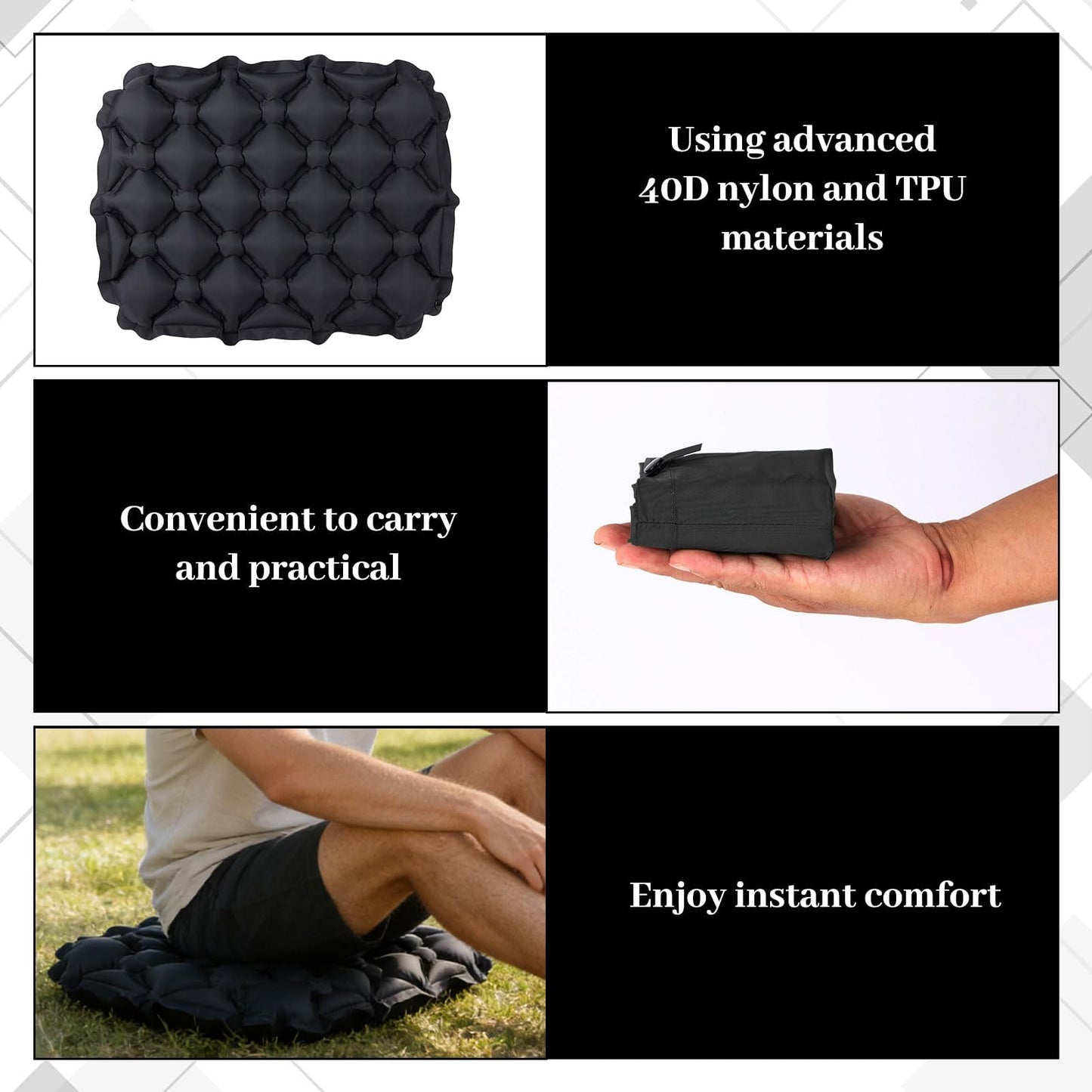 Othrion 1 PCS Black Inflatable Seat Cushion,Portable Travel Seat Cushion,Airplane Seat Cushion for Long Sitting Hiking Airplane Camping Sports