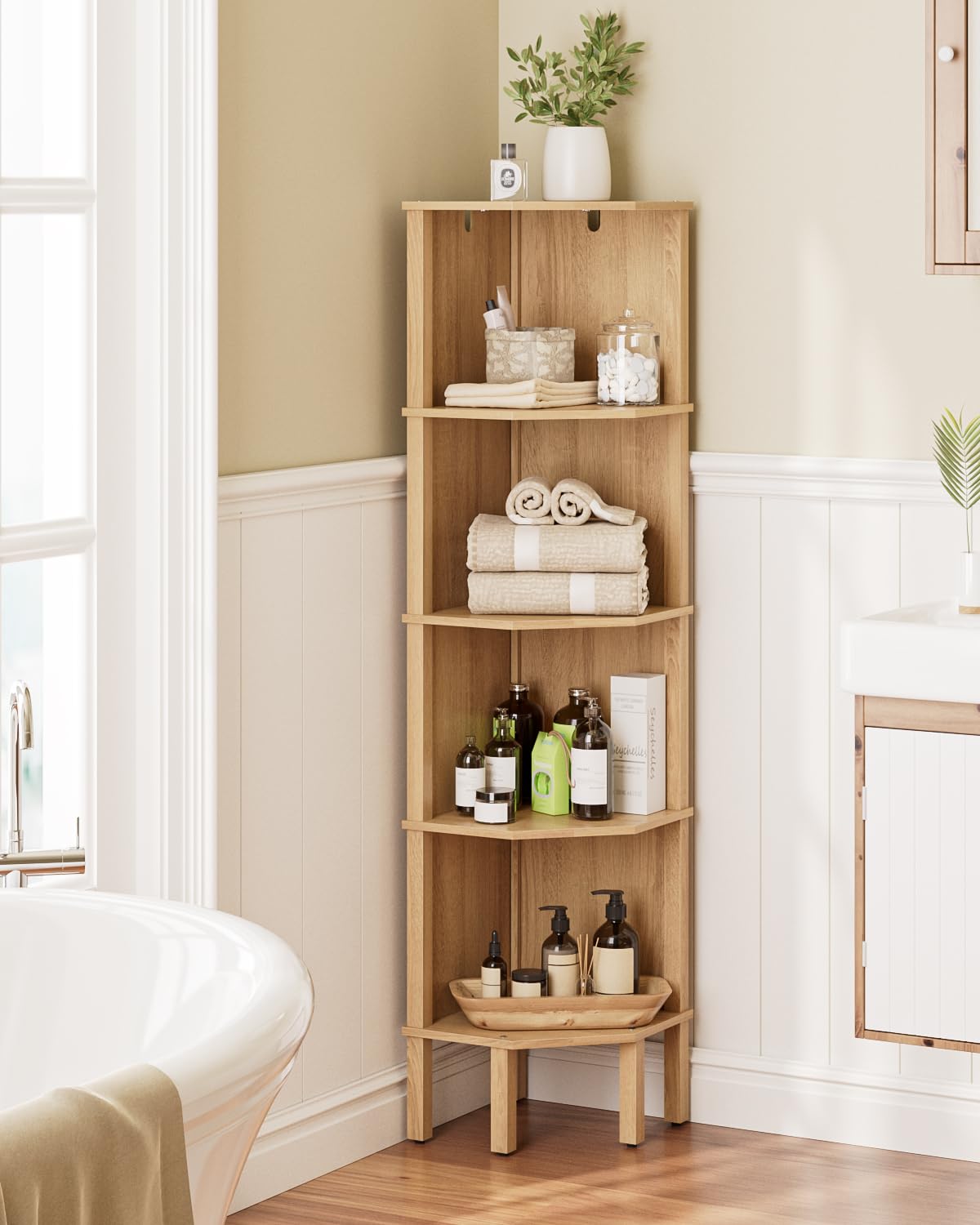 Apetaccat Corner Shelf, 4 Tier Corner Modern Corner Bookshelf, Display Corner Bookshelf,Wooden Storage Rack for Living Room,Bedroom,Office,Oak