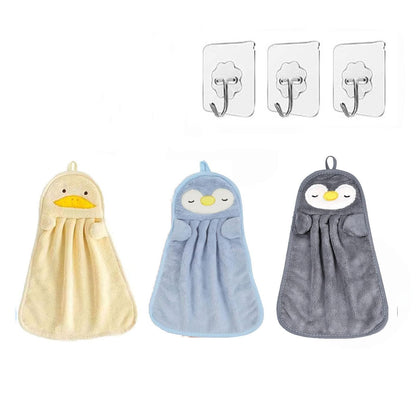 Wxinsheng 3Pcs Cute Animals Hand Towels,Soft Coral Velvet Microfibre Absorbent Towels with Hanging Loop for Kitchen & Bathroom Quick-Dry Washcloth