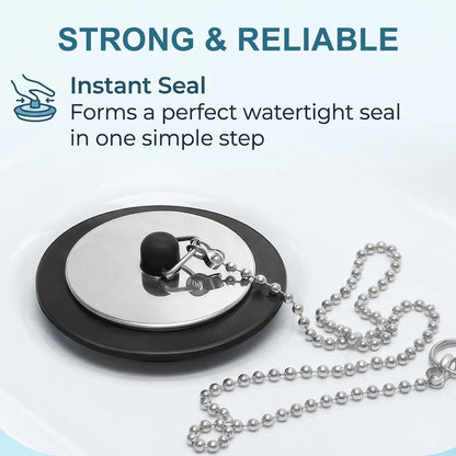 2 Pack Sink Plug, 43mm Universal Bath Plug with 40cm Stainless Steel Chain, Rubber Drain Stopper for Bathroom Kitchen Laundry Sink