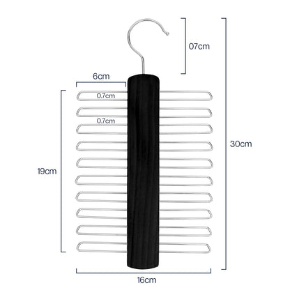 Tie Hanger for Wardrobe | Wooden Tie Organiser for Men with 20 Non-Slip Chrome Bars