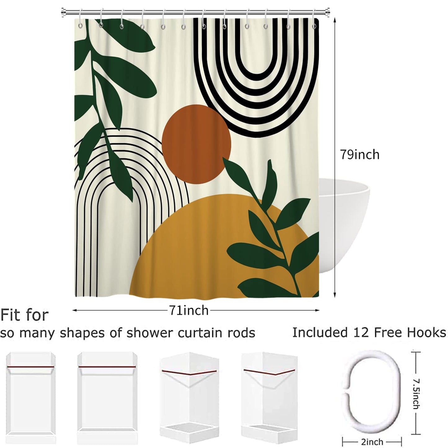 Hnmdmyi Boho Shower Curtain 180x200, Mid Century Abstract Arch Sun Green Leaf Beige Bathroom Curtains Modern Minimalist Aesthetic Art Waterproof